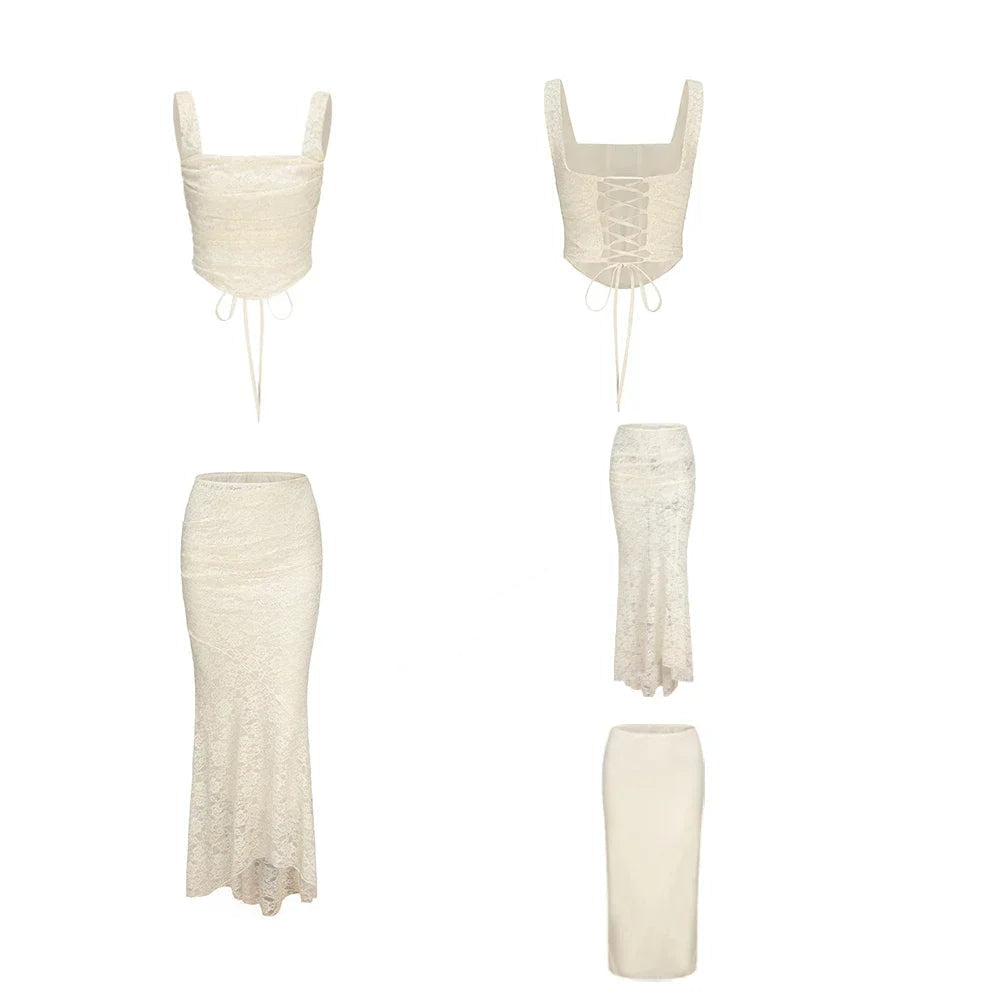 Mirelia Lace Two-Piece Co-Ord – Ivory Ruched Crop Top & Maxi Skirt Set for Party, Eveningwear & Wedding Guests
