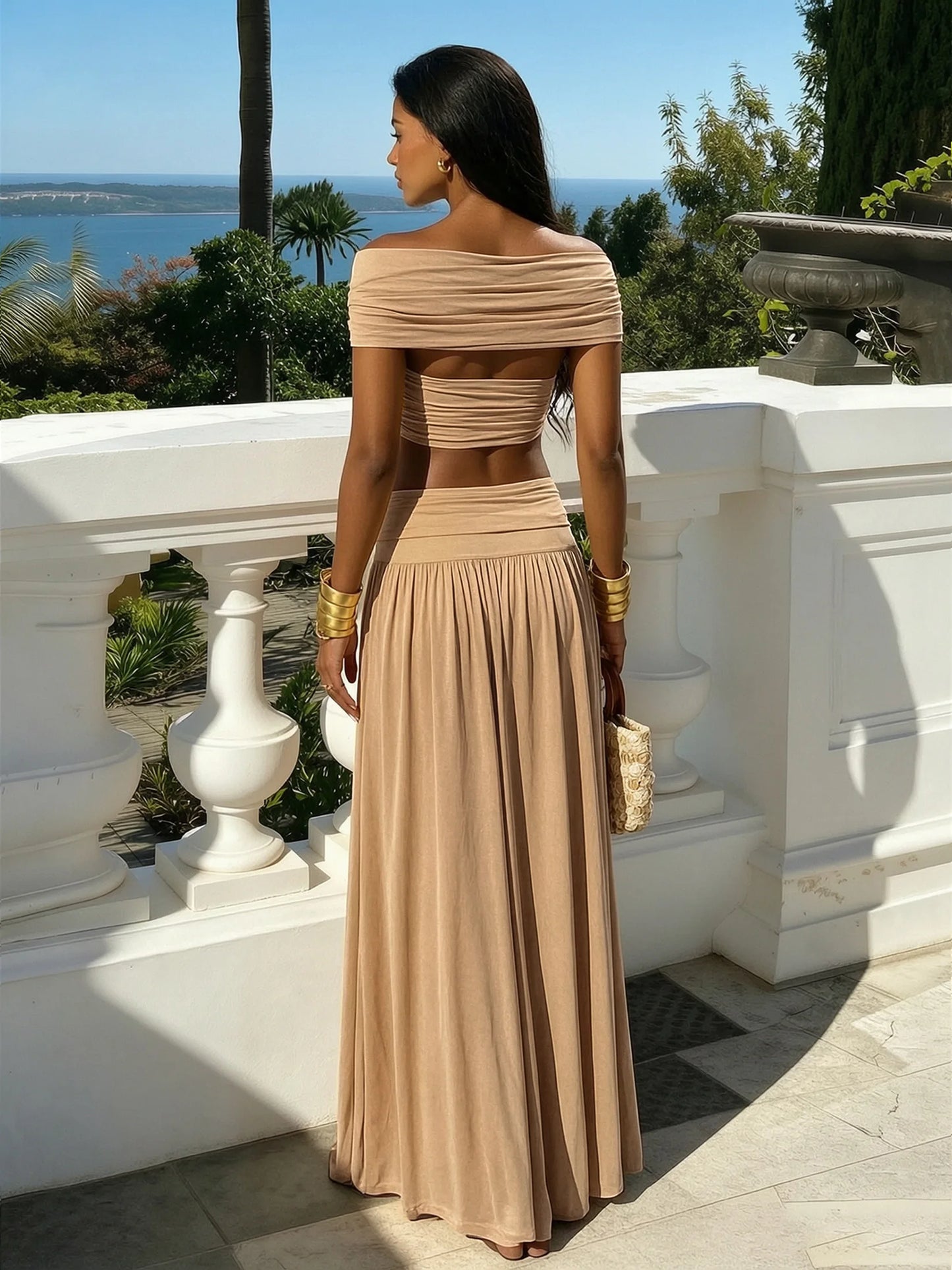 Calyssa Off Shoulder Maxi Skirt Set – Ruched Crop Top & Resort Co-Ord