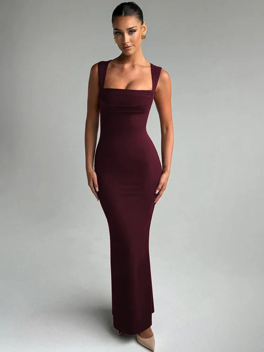 Marzelle Square Neck Bodycon Maxi Dress – Black or Claret Red Sculpting Evening Dress
