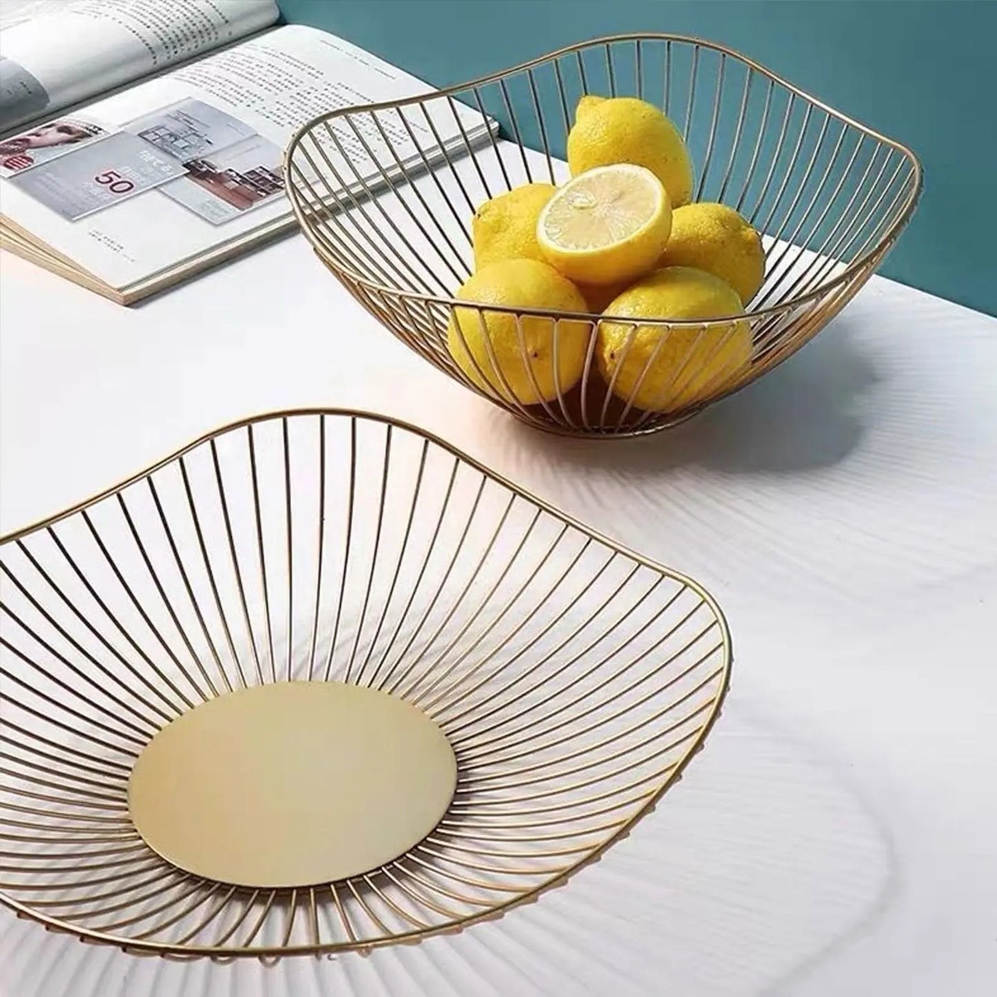 Black & Gold Metal Wire Fruit Basket – Modern Countertop Bowl for Kitchen & Dining Table