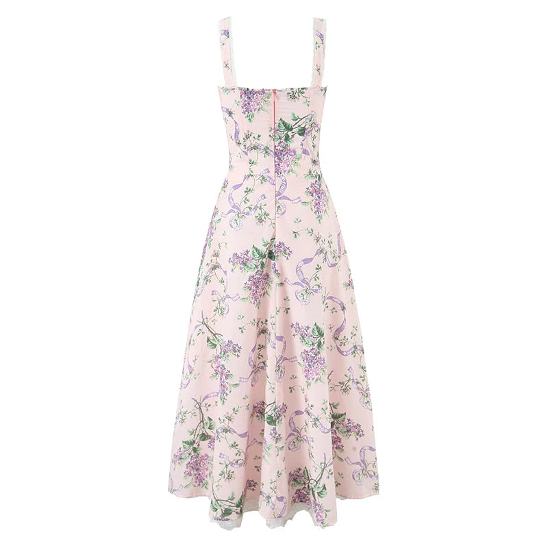 Saphira Floral Corset Maxi Dress – Soft Pink or Lemon Yellow Summer Occasion Dress with Tie Front Bodice