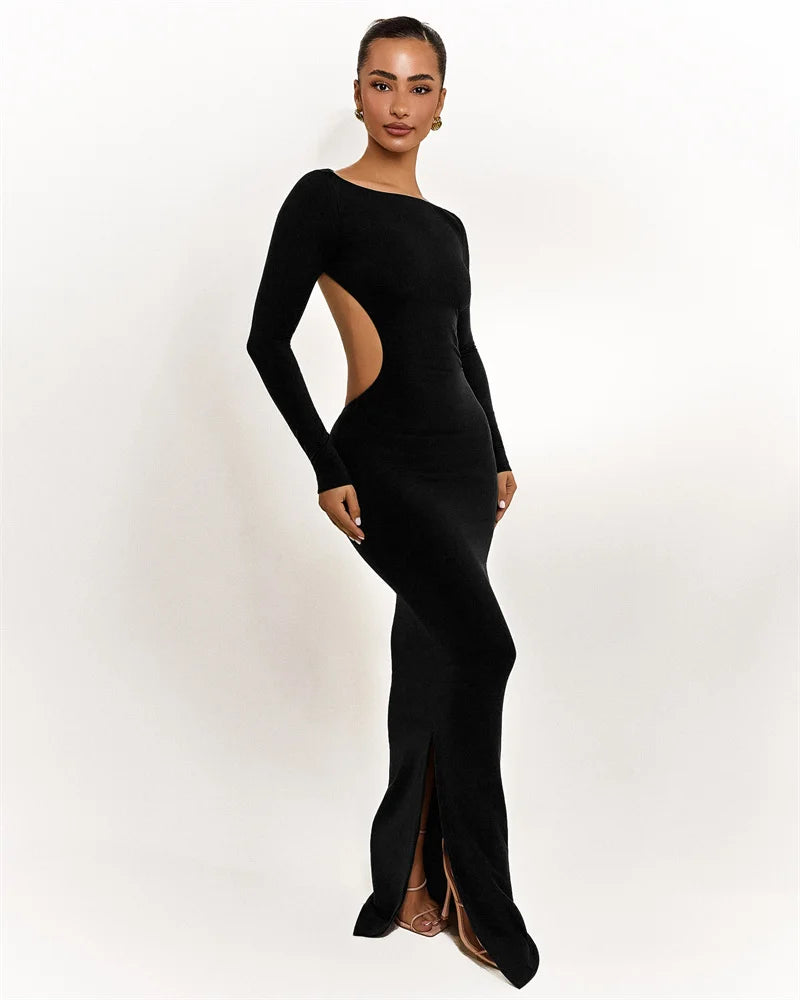 Naevia Long Sleeve Backless Maxi Dress – Open Back Bodycon Evening Gown with Bow Detail