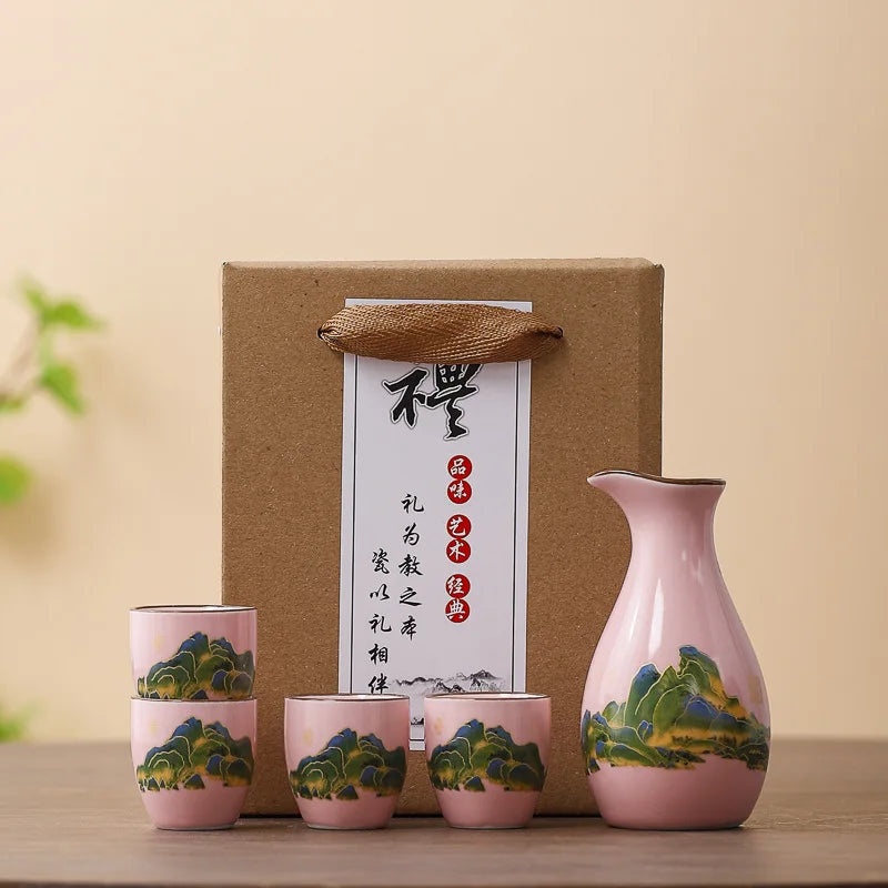 Sakura Blossom Ceramic Sake Gift Set – 5 Piece Sake Carafe and Cup Set