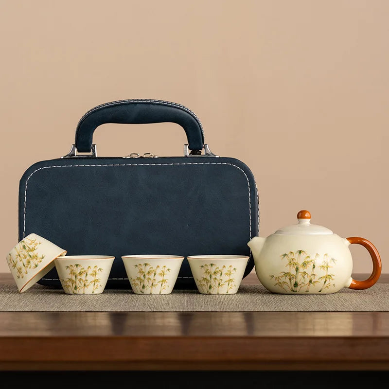Bamboo Grove Ceramic Travel Tea Set – Teapot and 4 Teacups Portable Tea Set with Carry Case for Home, Gifting and Outdoor Use