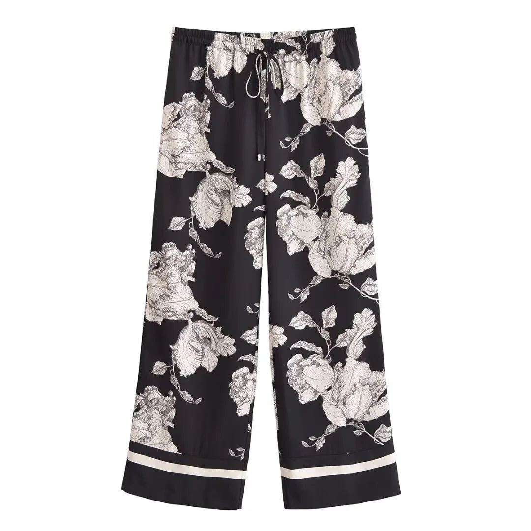 Callista Printed Co-Ord Set – Button-Up Shirt and Wide-Leg Trousers in Black or Green