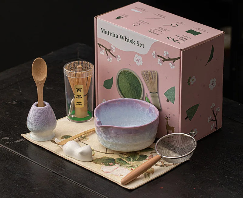 Hyoka Glaze Ceramic Matcha Tea Set – 4 Piece & 8 Piece Matcha Starter Kit, Matcha Bowl with Whisk, Scoop, Strainer and Accessories
