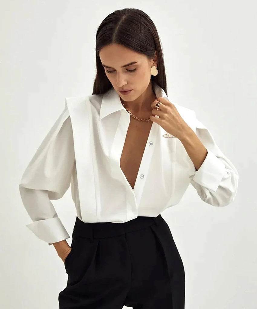 Solène Tailored Blouse in White or Black – Long Sleeve Button-Up Shirt for Women