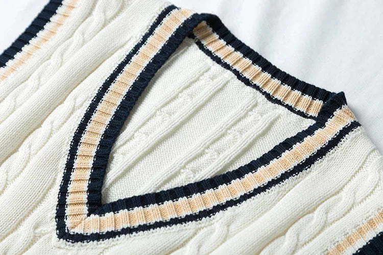 Sleeveless Cable Knit Vest with Stripe Trim – White & Navy Pullover Jumper Top for Men