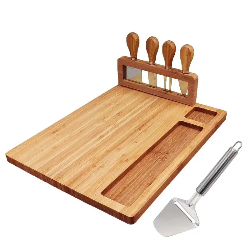 Bamboo Cheese Board with 4 Cheese Knives – Large Wooden Charcuterie Serving Board for Wine & Cheese Nights, Christmas Gifting & Party Hosting