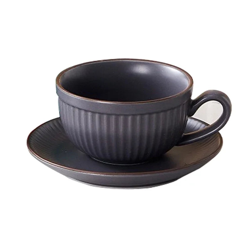 Ribbed Ceramic Tea and Coffee Cup and Saucer Set – Textured Cup with Handle, Modern Kitchen Drinkware