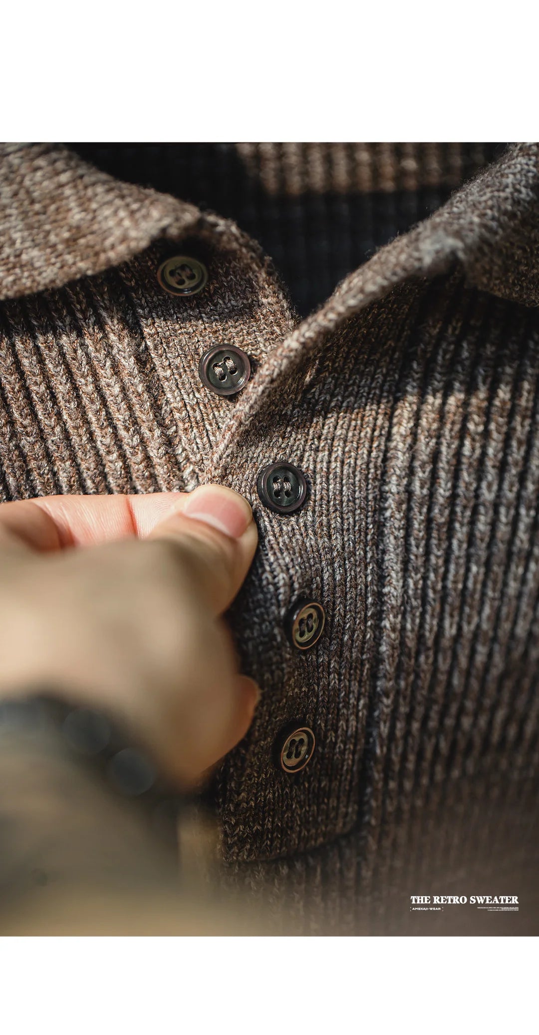 Caelen Knitted Long Sleeve Collared Sweater – Ribbed Textured Knit Jumper in Coffee Brown