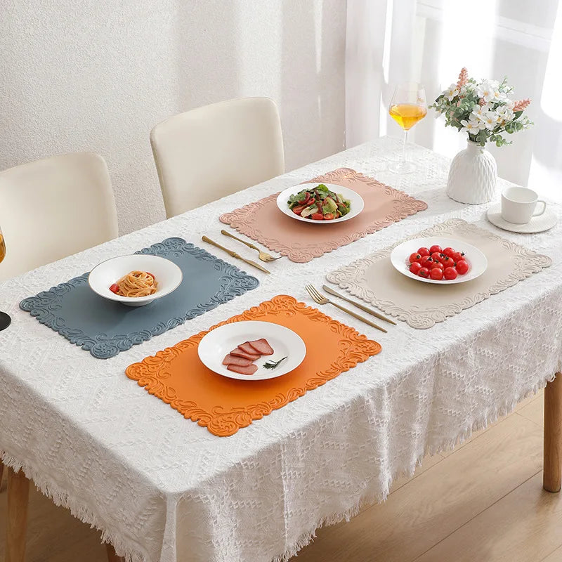 Verra Faux Leather Table Mats – Decorative Edge Non Slip Washable Dining Table Mats Set