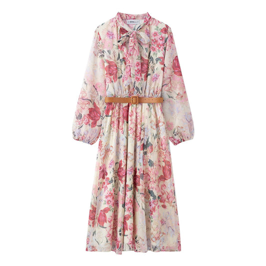 Marilina Floral Tie Neck Midi Dress with Long Sleeves and Belt – Pink Vintage-Inspired Summer Occasion