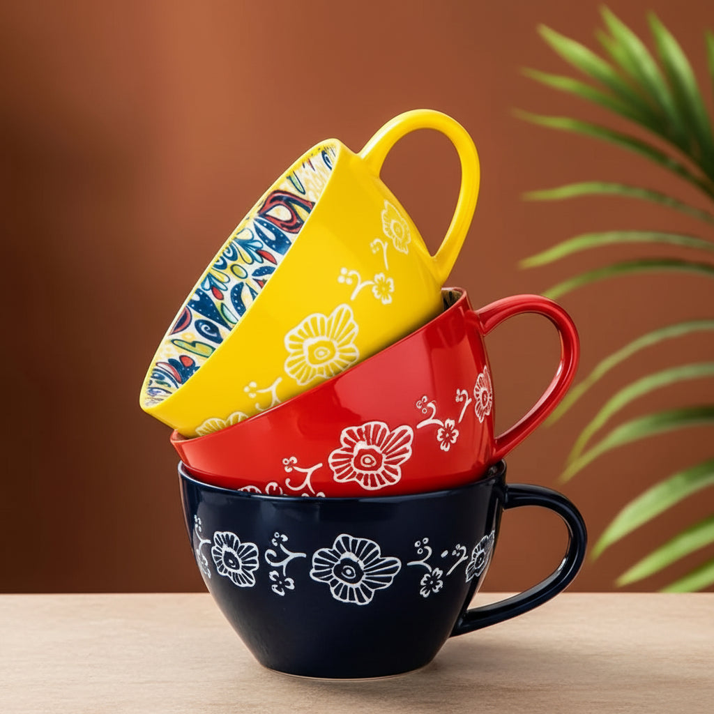 Zenvira Ceramic Coffee Mug Set – Patterned Tea Cups