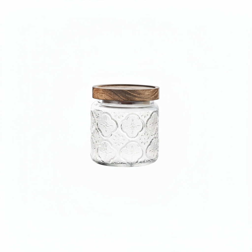 Embossed Glass Storage Jar with Wooden Lid