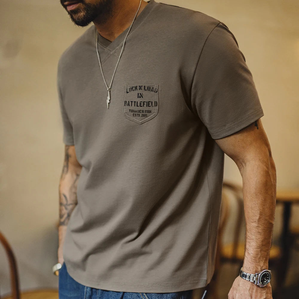 Carston Men’s Cotton V-Neck T-Shirt – Chest Pocket Detail Casual Short Sleeve Tee in Taupe Brown