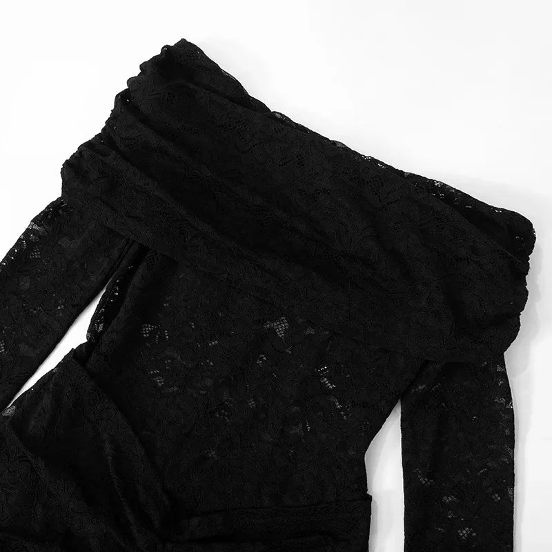 Valerisse Lace Off Shoulder Jumpsuit with Draped Waist Detail – Sheer Bodycon Evening, Party & Special Occasion Jumpsuit