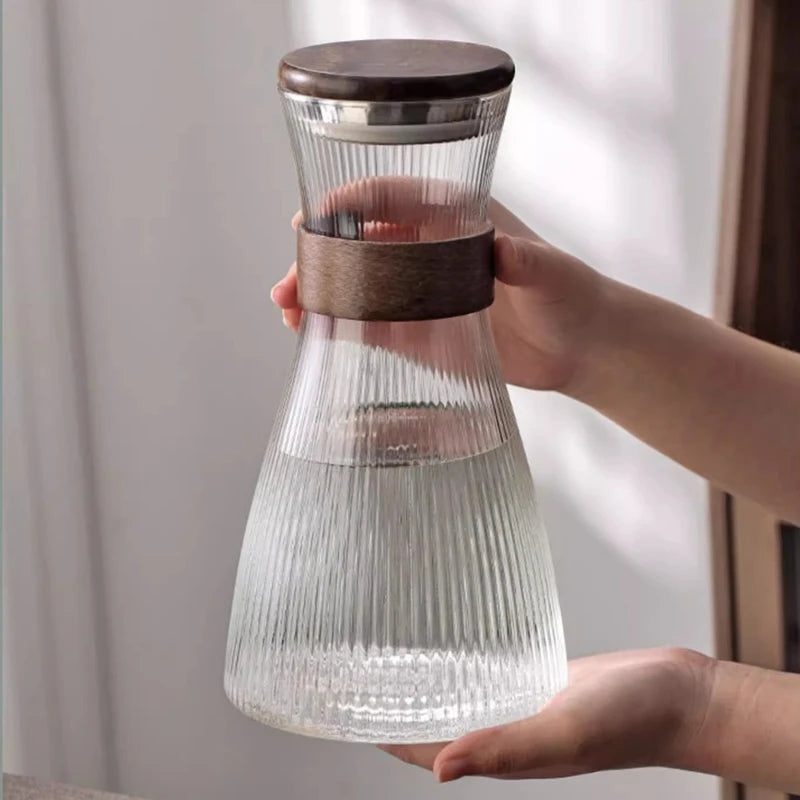 Ribbed Glass Carafe & Tumbler Set with Wooden Lid, Stand and Tray – Elegant Water & Juice Pitcher for Dining and Entertaining