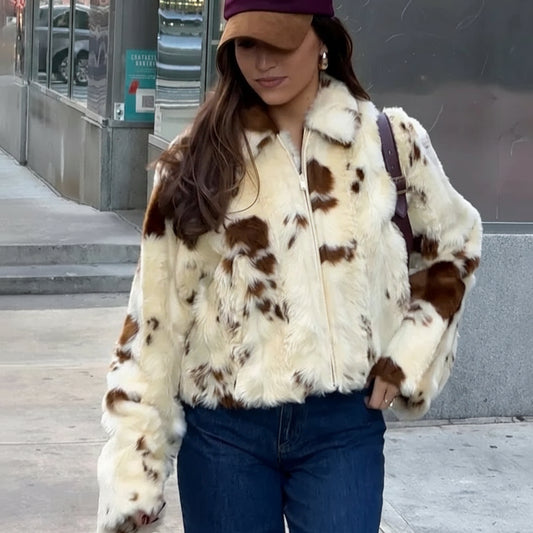 Calvaya Cropped Faux Fur Jacket – Women’s Luxury Cow Print Animal Faux Fur Coat for Winter Outfits & Statement City Style