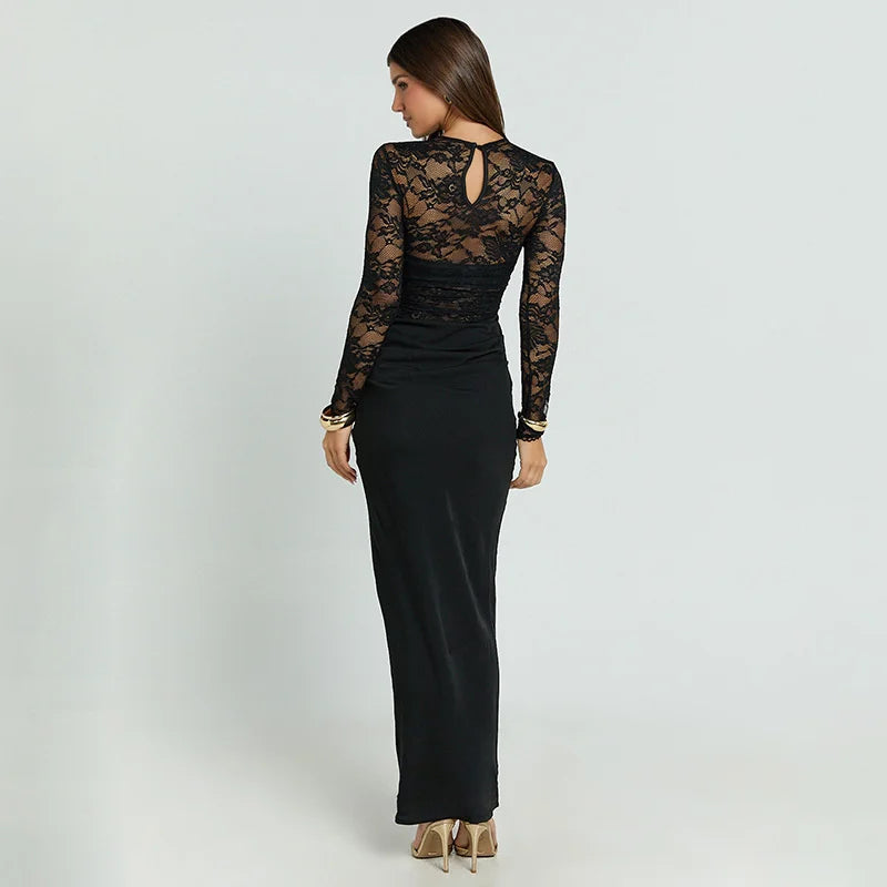 Meliora Long Sleeve Lace Bodice Maxi Dress – Lace Evening Gown and Bodycon Occasion Dress