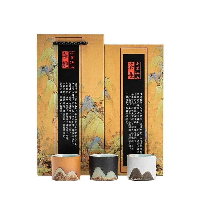 Mountain Landscape Ceramic Tea Cup Gift Set – 3-Piece Handmade Cups with Traditional Art Gift Box