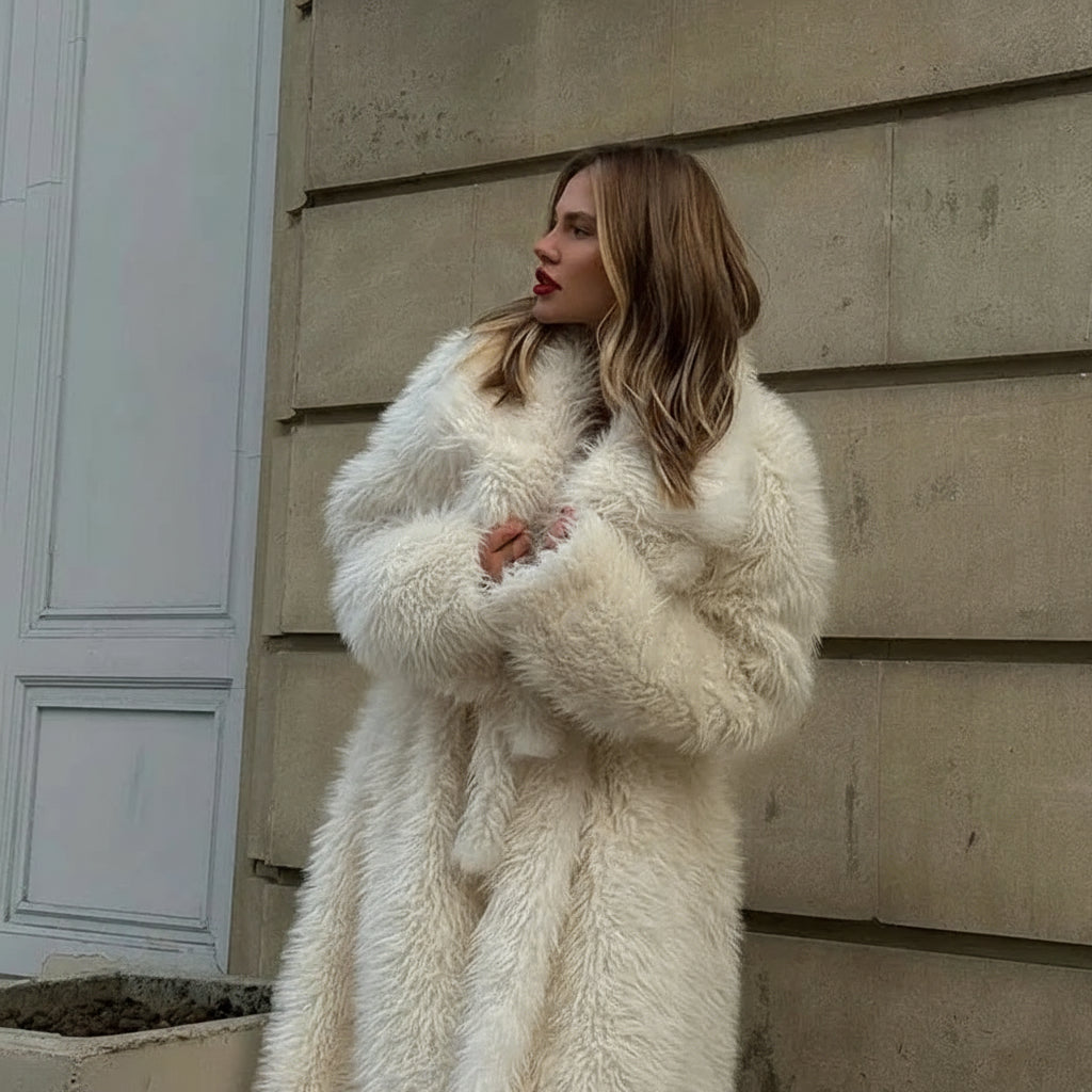 Avalora Longline Plush Faux Fur Coat – Women’s Luxury White Faux Mink Statement Winter Coat for Daywear, Evening & Occasion Looks
