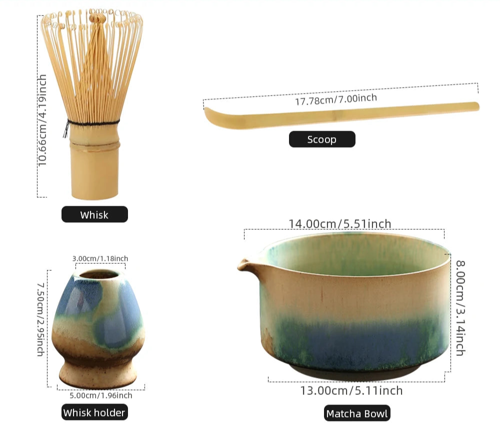 Matcha 4 Piece Tea Set with Bamboo Whisk and Ceramic Bowl – Japanese Green Tea Ceremony Kit