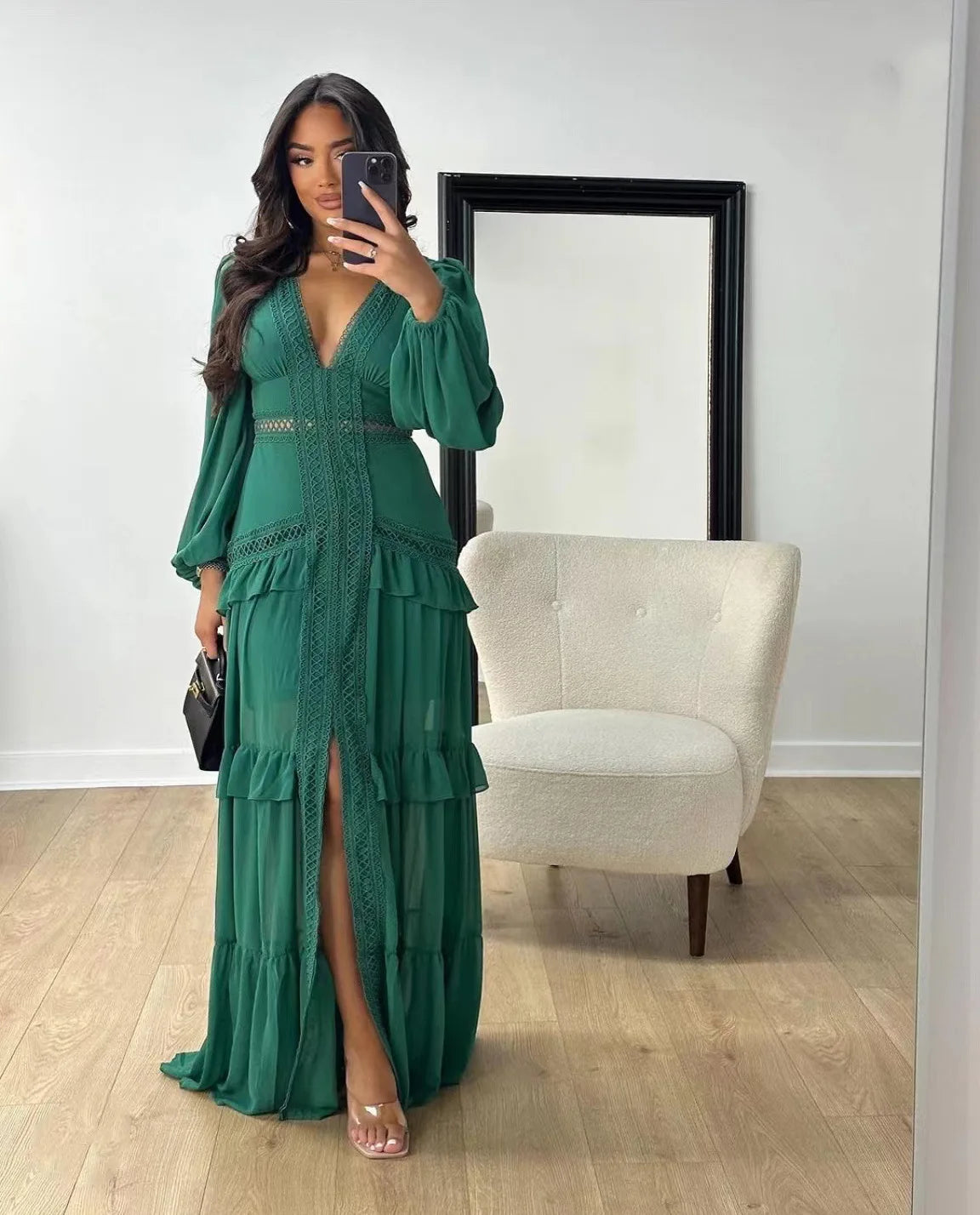 Seralyn Tiered Maxi Dress with Long Sleeves – V-Neck Wedding Guest Dress, Holiday Dress & Occasion Maxi