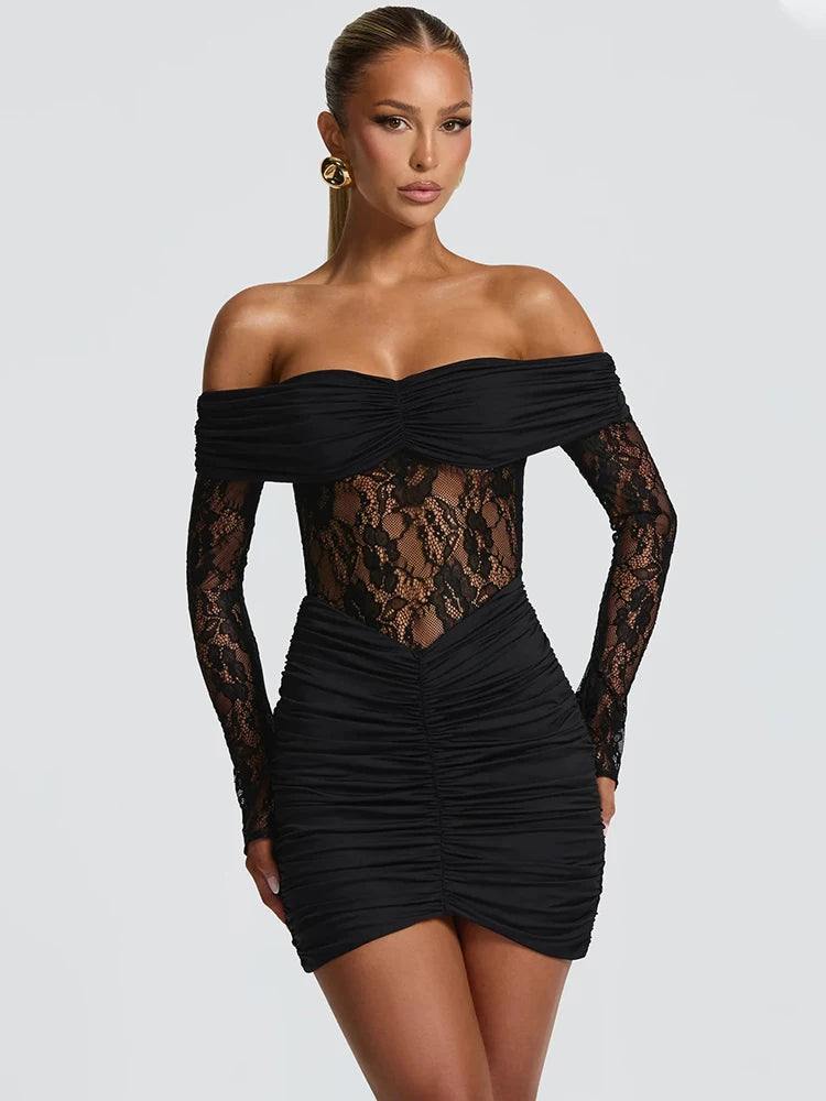 Serelisse Off-Shoulder Lace Mini Dress – Ruched Long-Sleeve Party & Clubwear Evening Outfit