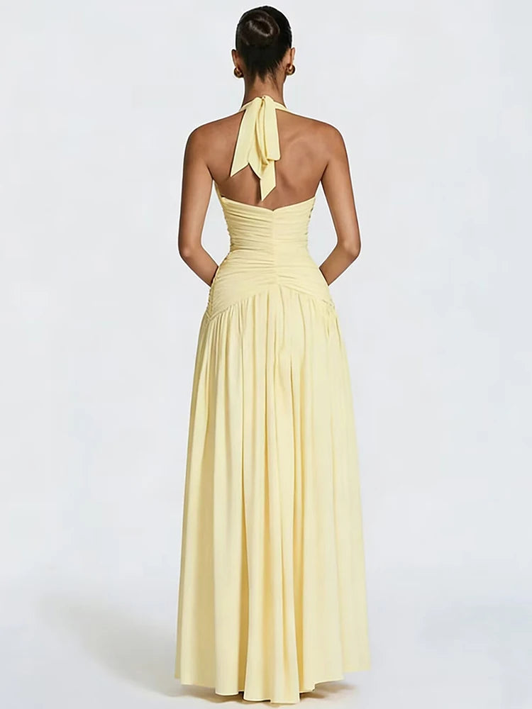 Elira Halter Neck Maxi Dress – Deep V Backless Evening Gown, Ruched High Split Wedding Guest Dress & Partywear