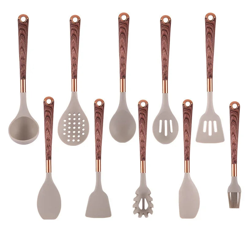 11-Piece Silicone & Wooden Kitchen Utensil Set with Holder – Heat Resistant Cooking Tools