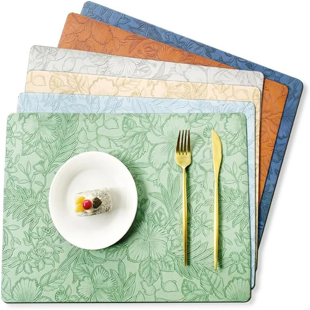 Botanical Dining Placemats – Wipe Clean Table Mats, Waterproof Non Slip Faux Leather Placemats, Double Sided Kitchen & Dining Table Mats