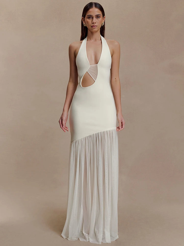 Maelisse Cut Out Halter Neck Maxi Dress – Elegant Evening Gown with Sheer Asymmetric Skirt