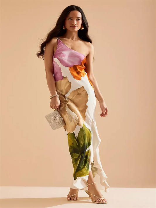Florenia Asymmetric Floral Midi Dress – Sleeveless Bodycon Ruffle Hem Summer Holiday Dress