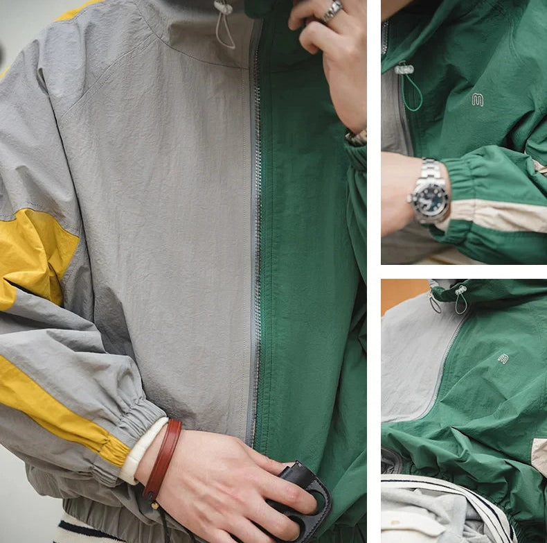 Brentham Men’s Dual Zip Utility Jacket – Lightweight Windbreaker with Contrast Panels and Stand Collar