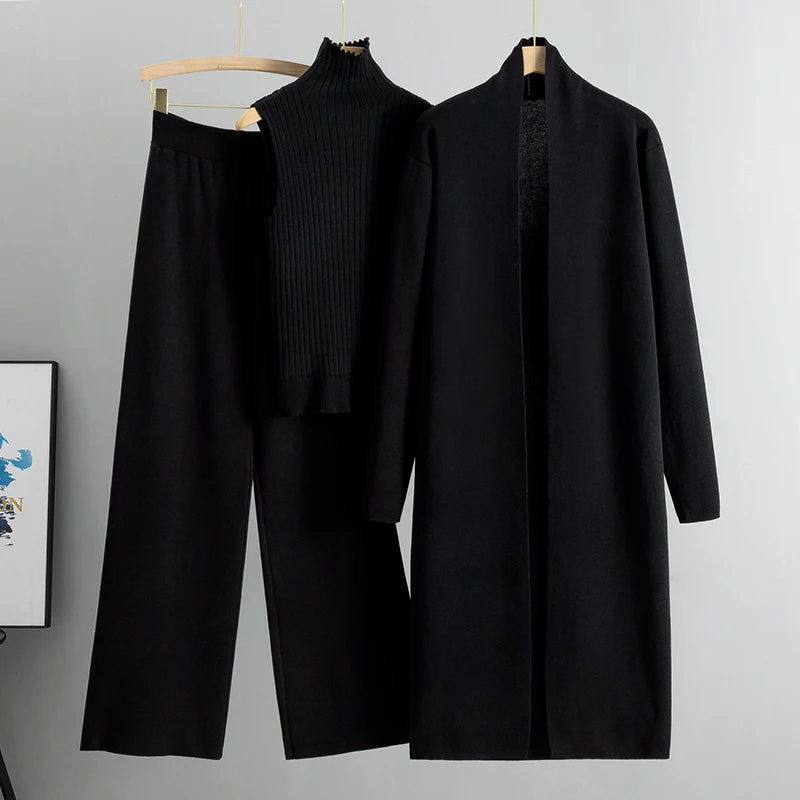 Aravelle Three-Piece Knit Co-Ord Set – Ribbed High Neck Top, Longline Cardigan and Wide-Leg Trousers