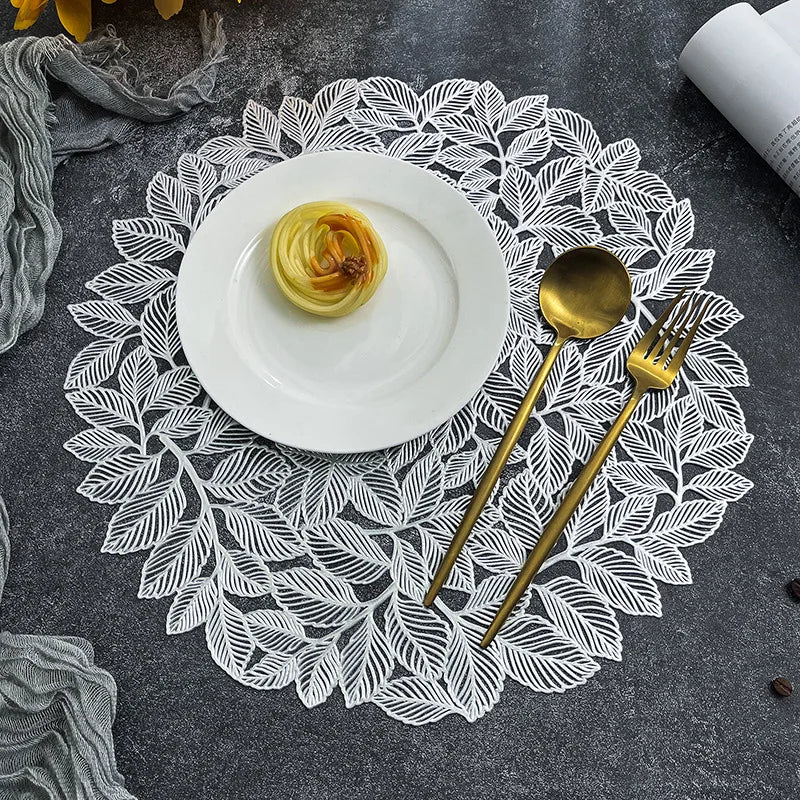 Leaf Cutwork Round Dining Placemats Set of 6 – Decorative Table Mats Non Slip Wipe Clean Heat Resistant Kitchen Table Placemats