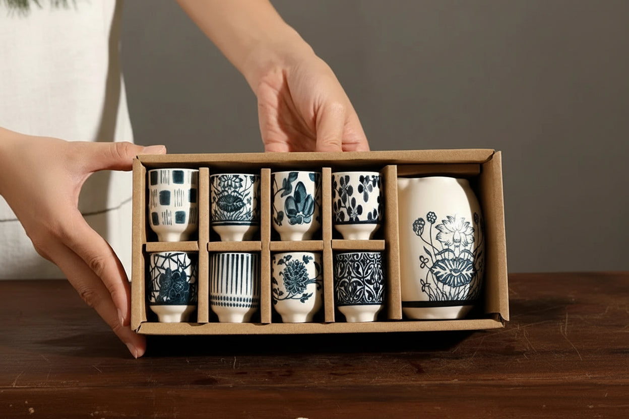 Imperial Sake Set with Ceramic Carafe – 9 Piece Black and White Tea Set Gift Box