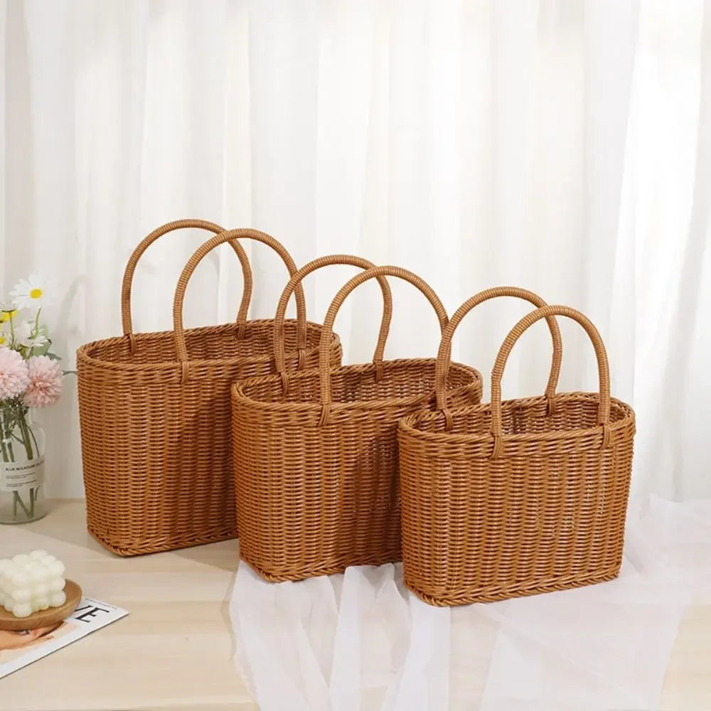 Handwoven Wicker Tote Basket – Natural Rattan Storage or Picnic Bag