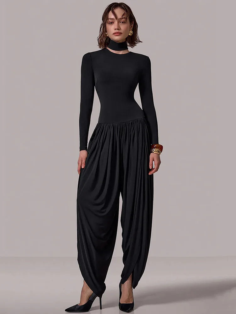 Naerra Draped Harem Jumpsuit – High Neck Long Sleeve Bodysuit One-Piece for Contemporary Evening & Occasionwear