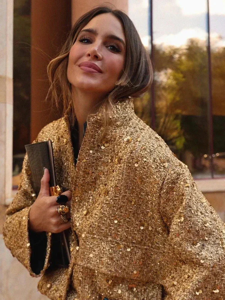 Averelle Sequin Bomber Jacket – Gold, Black & White Glitter Oversized Coat for Women