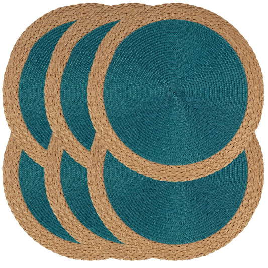 Two Tone Round Braided Placemats – 6 Piece Table Mat Set 38cm Woven Dining Placemats for Kitchen Table Setting and Home Décor