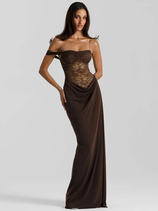 Olivara Strapless Lace Maxi Dress – Sheer Panel Evening Gown, Formal Occasion Dress & Wedding Guest Outfit