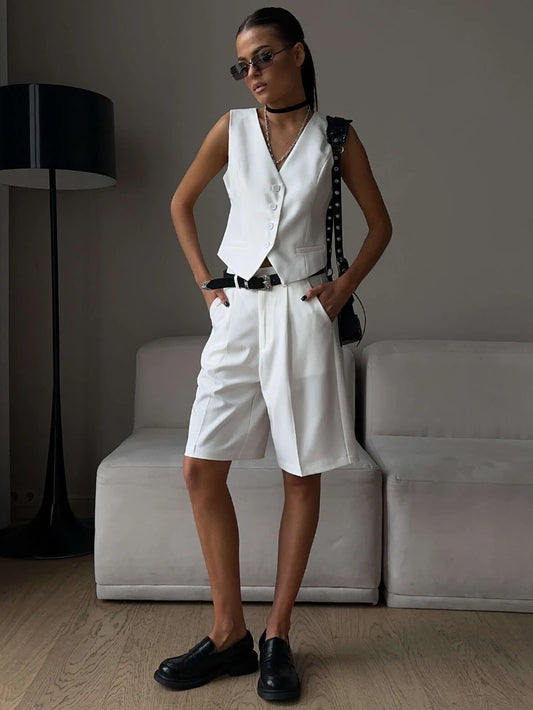 Averna Sleeveless Waistcoat and Bermuda Short Co-Ord Set – White, Charcoal Grey or Black Tailored Two-Piece for Women