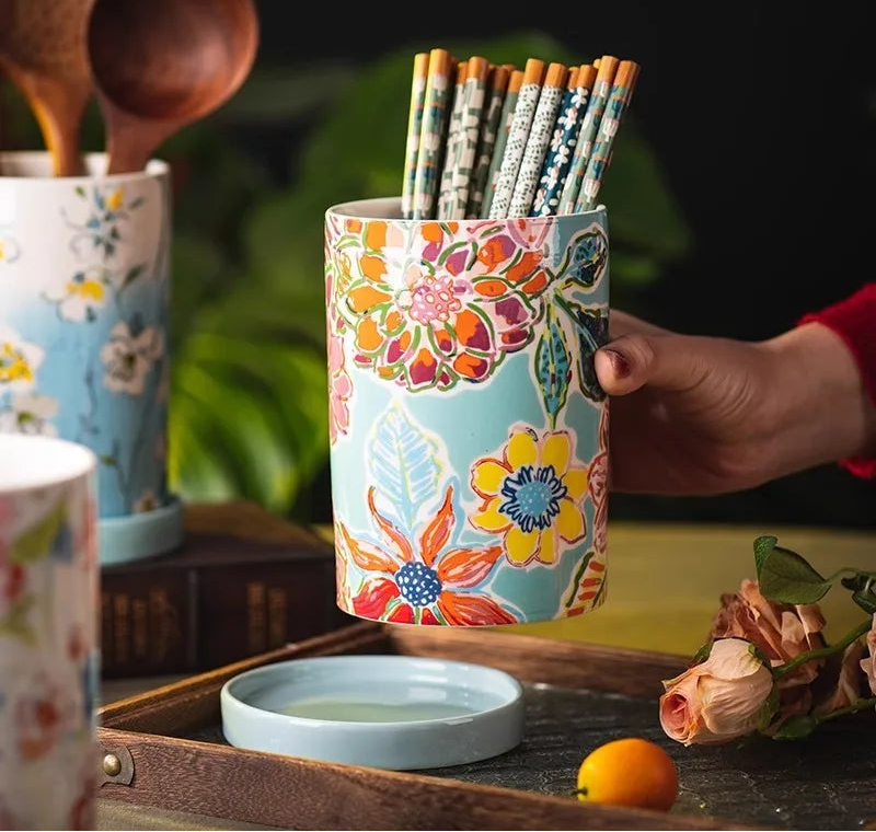 Florielle Ceramic Utensil Holder – Floral Kitchen Storage Jar with Removable Base Tray for Cutlery, Spoons and Countertop Organisation