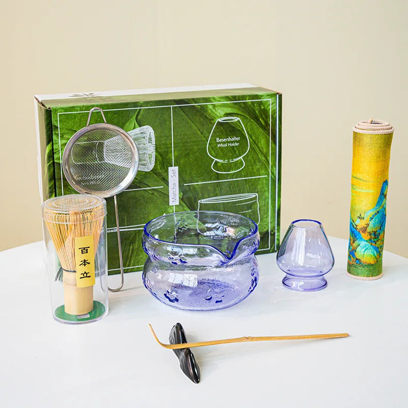 Matcha Tea Ceremony Set – Pink/ Blue Glass Matcha Bowl With Bamboo Whisk, Scoop & Accessories 4/5/7/8 Piece Set