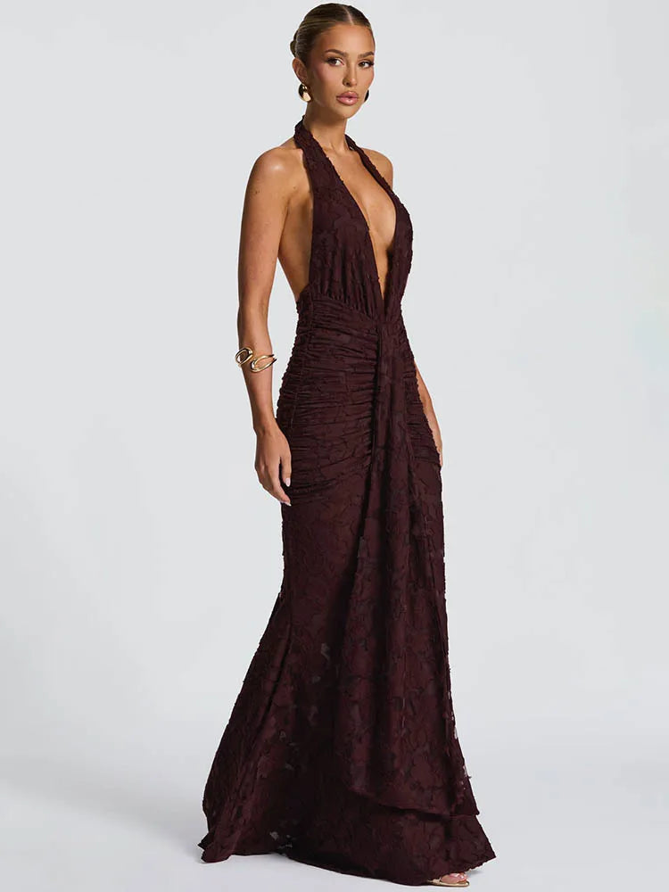 Selencia Halter Neck Plunge Maxi Dress – Backless Ruched Fit-and-Flare Evening Gown for Elegant Occasions, Parties & Wedding Guest Outfits