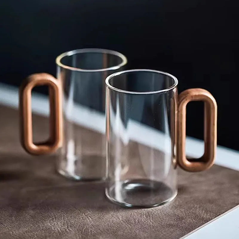 Clear Glass Tea Or Coffee Mugs with Modern Wooden Handle –2/4/6 Piece Heat-Resistant Cups Clear Or Black Set