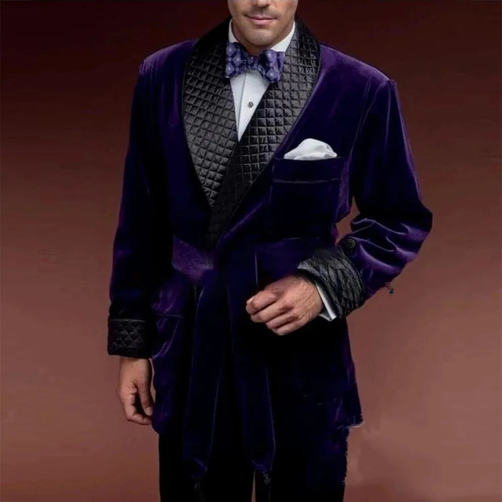 Kingswell Velvet Smoking Jacket – Men’s Quilted Lapel Evening Dinner Jacket with Waist Tie and Chest Pocket Square