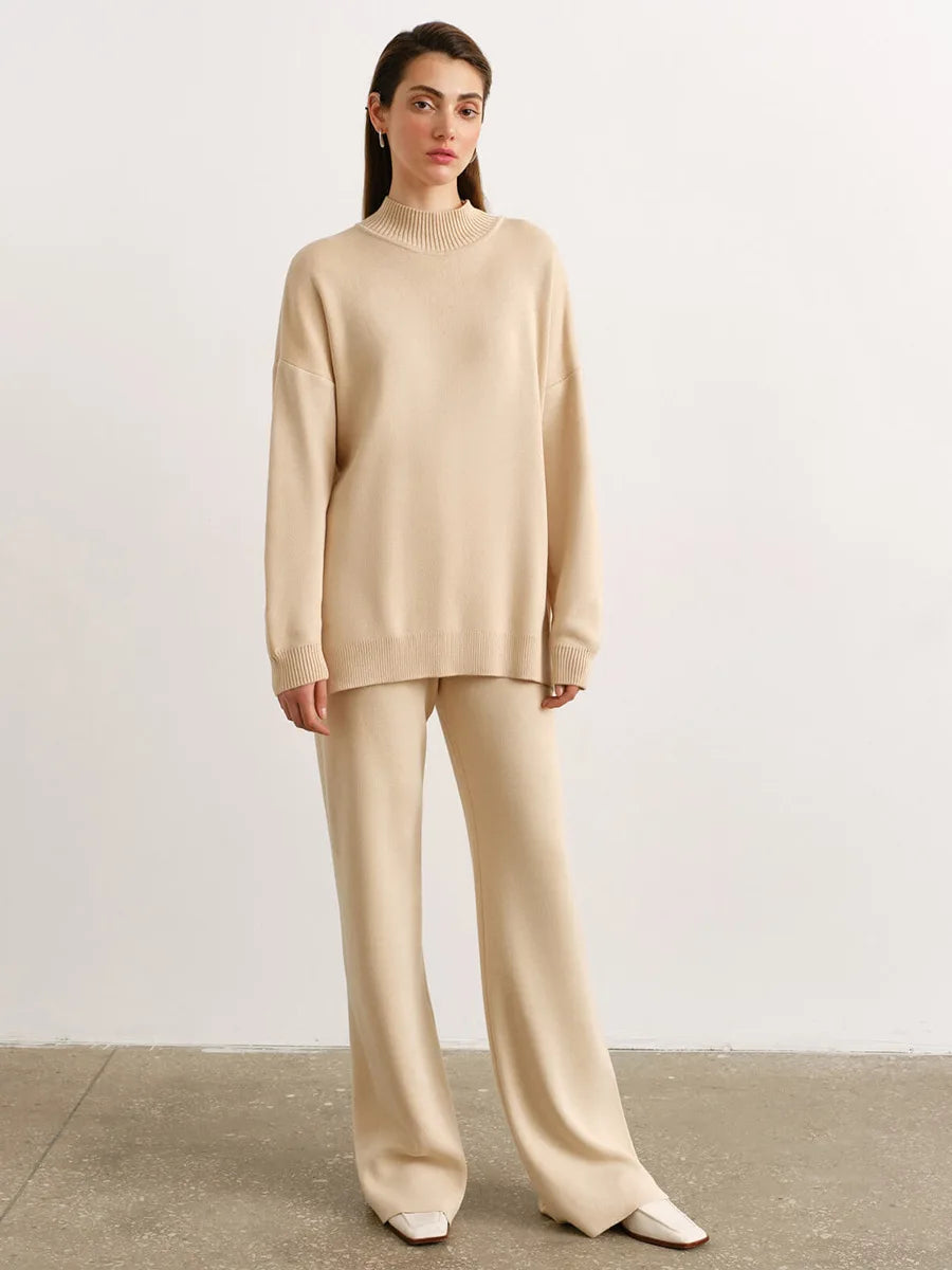 Zaneya Knit Co-Ord Lounge Set – Ribbed Turtle Neck Jumper and Wide Leg Trousers in Pink, White, Beige, Black or Green